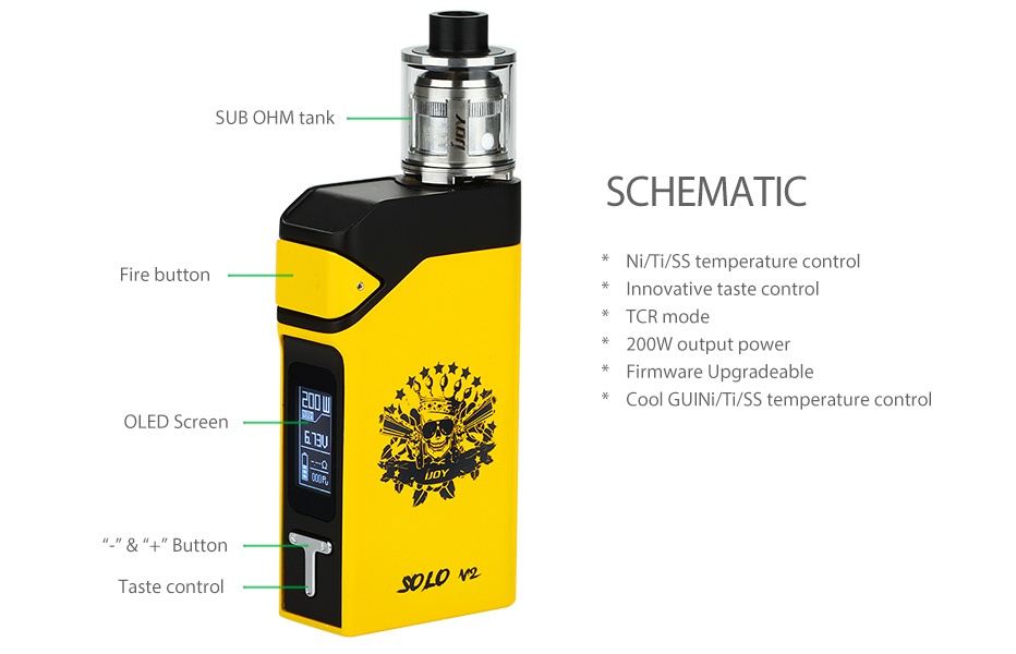 IJOY Solo V2 200W Starter Kit SUB OHM tank SCHEMATIC s Ni i SS temperature control Fire button n TCR mode output power Firmware Upgradeable Cool GUINi Ti SS temperature control OLED Scree Taste control 90