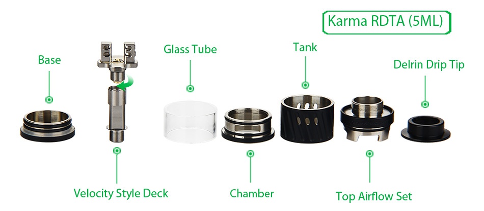 GeekVape Karma RDTA/RDA Tank Karma RDTA  5ML Glass Tube an Base Delrin Drip ti nn Velocity Style Deck Chamber Top Airflow Set