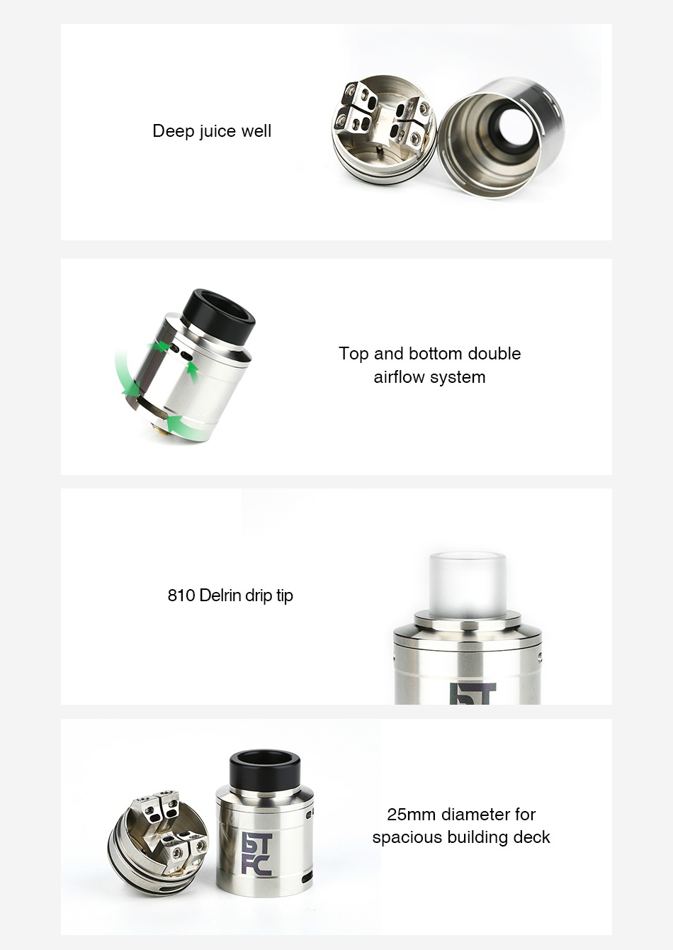 AUGVAPE BTFC RDA Deep juice wel op and bottom double airflow system 810 Delrin drip tip 25mm diameter for 5 spacious building deck