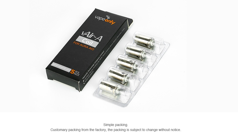 VapeOnly Replacement Coil for Aura AIO 5pcs Simple packing Customary packing from the factory  the packing is subject to change without notice