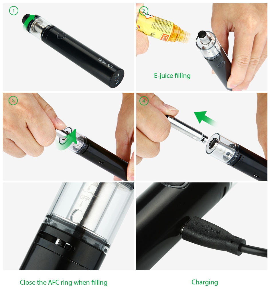 Kangertech PANGU Starter Kit 2500mAh E juice filling Close the AFC ring when filling Charging