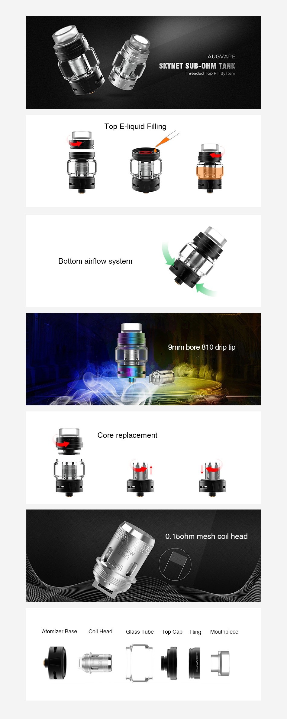 AUGVAPE Skynet Subohm Tank 5.1ml SKYNET SUB OHM TANK Threaded Top Fill System Top E liquid Filling Bottom airflow system 9mm bore 810 drip tip Core replacement    0 15ohm mesh coil head Atomizer Base Coil Head Glass Tube Top Cap Riny Mouthpiece