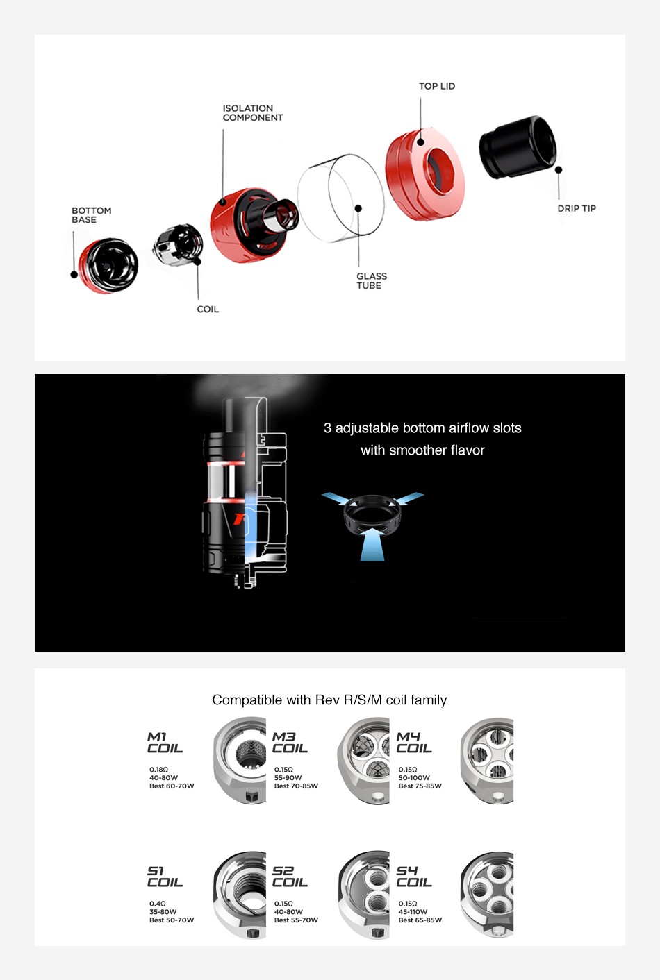 REV Drift II Subohm Tank 2ml/5ml TOP LID LATION MPONENT BOTTOM DRIP TIP BASE TUBE 3 adjustable bottom airflow slots ith smoother fla Compatible with rev r s M coil family ME c L CoIL CoIL Best 60 7ow Best 70 85W 35 80w Best 50 70W