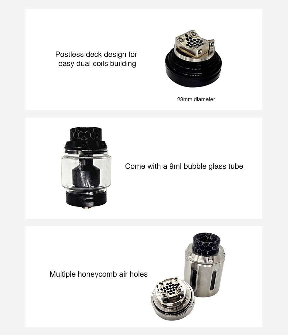 Squid Industries PeaceMaker XL RTA 5ml Postless deck design for easy dual coils building 28mm diameter Come with a 9ml bubble glass tube LE Multiple honeycomb air holes