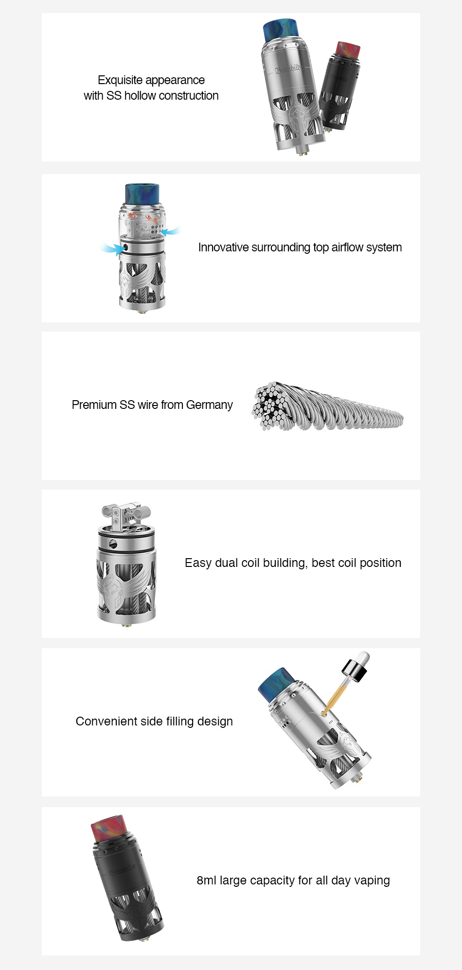 Vapefly Brunhilde Top Coiler RTA 8ml/2ml EXquisite appearance with ss hollow construction nnovative surrounding top airflow system Premium SS wire from Germany 8398 Easy dual coil building  best coil position Convenient side filling design 8ml large capacity for all day vaping