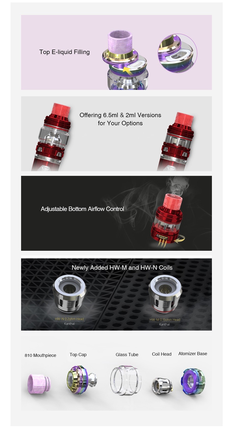 Eleaf ELLO Duro Atomizer 2ml/6.5ml Top E liquid Filling Offering 6 5ml  2ml Versions for Your Options Adjustable Bottom Airflow Control Newly Added HW M and HW N Coils HW N Oohm Head HW M 0 15ohm Head 810 Mouthpiece op cap Glass Tube Coil head Atomizer b