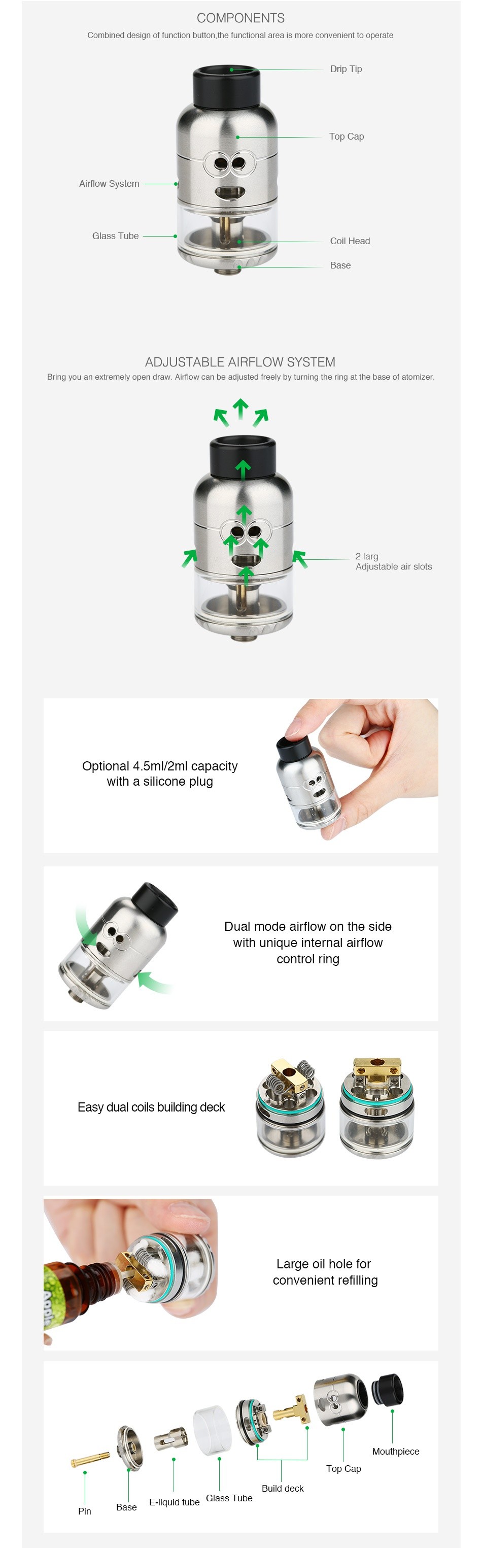 Ample Pixy RDTA 4.5ml COMPONENTS Basc ADJUSTABLE AIRFLOW SYSTEM ring you an extremely open draw  Airt ow can be adjusted freely by turning the ring at the base of atomizer    Optional 4 5ml2ml capacity with a silicone plug Dual mode airflow on the side with unique internal airflow rIng Easy dual coils building deck Large oil hole for convenient refilling T Bulld deck E lauld tube Glass Tubc