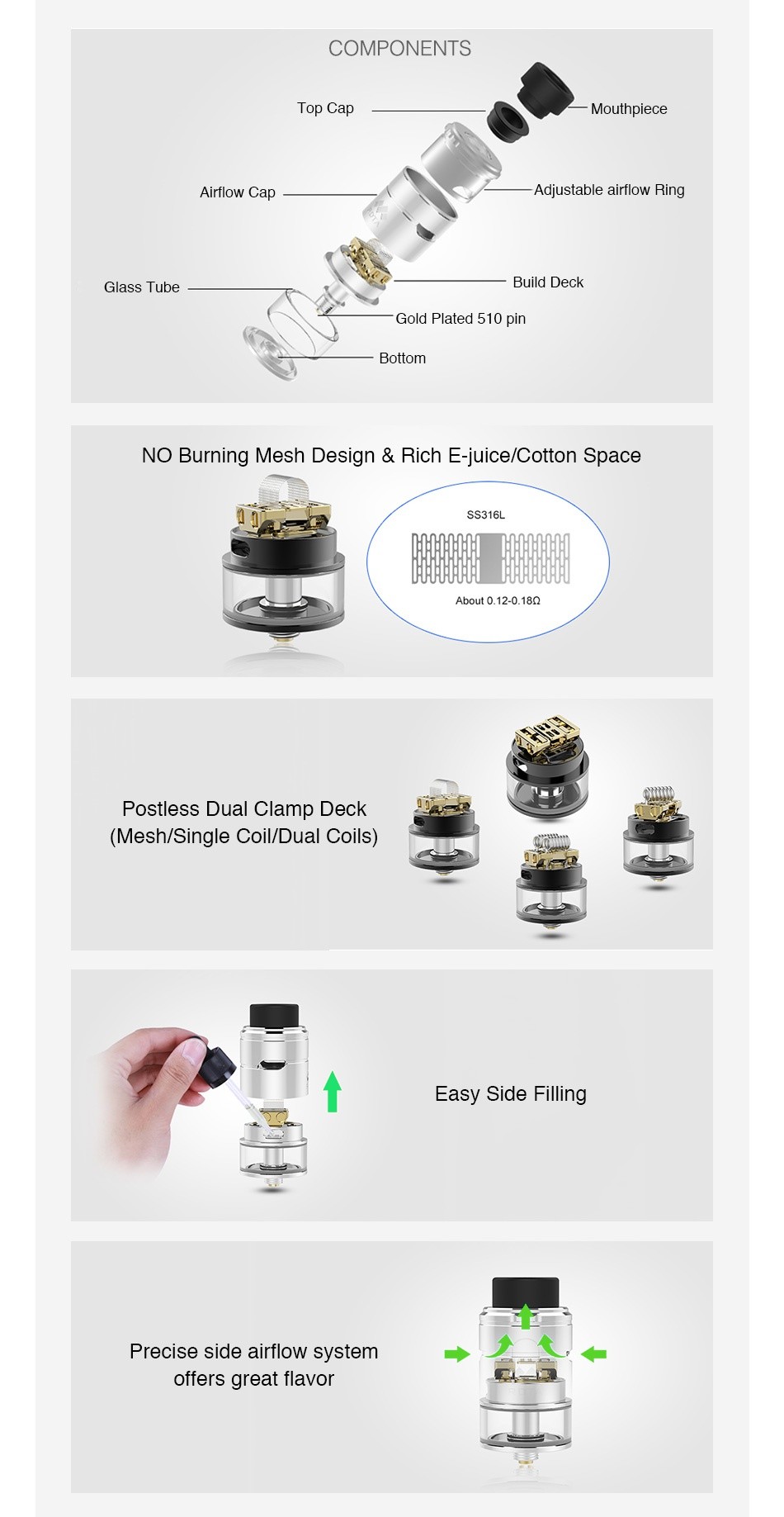 Vapefly Mesh Plus RDTA 2ml/3.5ml COMPONENTS Mouthpiece Airflow Cap Adiustable airflow ring Glass Tube Build deck Gold plated 510 pin Bottom NO Burning Mesh Design Rich E juice Cotton space SS316L About0 12 0 18Q Postless Dual Clamp Deck  Mesh Single Coil Dual Coils Easy Side Filling Precise side airflow system offers great flavor