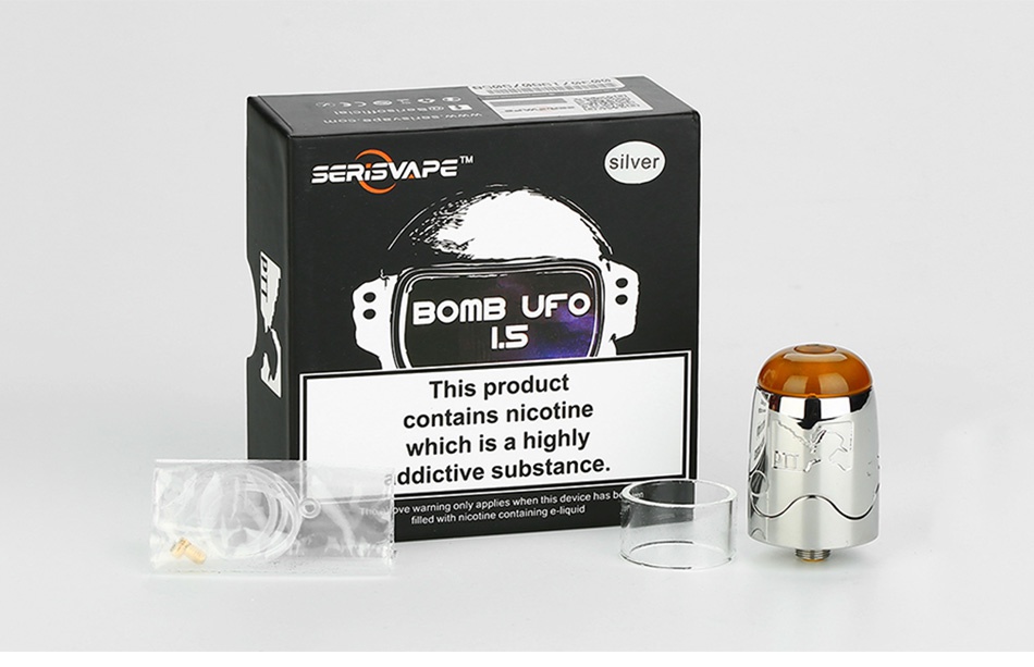 Serisvape BOMB UFO V1.5 RDTA 2ml  RPe BOMB UFO Ls This product ontains nicoli hich is a highl ddictive substance only apples when this device has filled with nicotine containing e liquid
