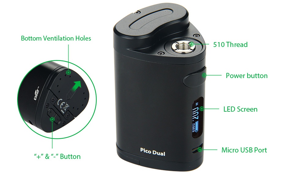 Eleaf Pico Dual 200W TC Full Kit Bottom entilation holes 510 Thread Power button LED Screen Micro usb port        Button Pico dual