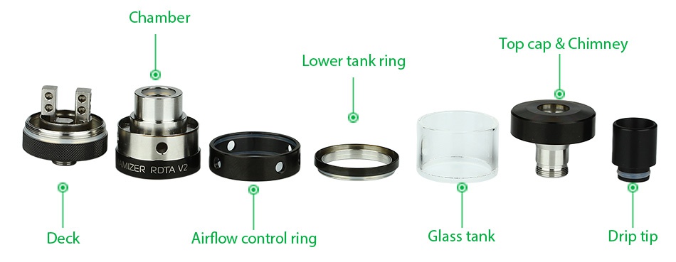 Steam Crave Aromamizer RDTA V2 3ml Chamber Top cap  Chimney Lower tank ring MIZER RDTA VA Deck Airflow control ring Glass tank Drip tip