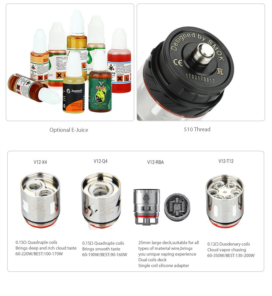 SMOK TFV12 Beast Tank 6ml ed   x  170217 Optional E Juice 510 Thread V12X4 V12Q4 V12 RBA V12T12 15Q Quadruple coi 0 15Q Quadruple coils 25mm large deck  suitable for al 0  12Q Duodenary co Brings deep and rich cloud taste bri mooth taste types of Cloud vapor chasing 60 220W BEST 100 170W 60 190W BEST 90 160W ou unique vaping experience 60 350W BEST 130 200W Dual coils deck Single coil silicone adapter