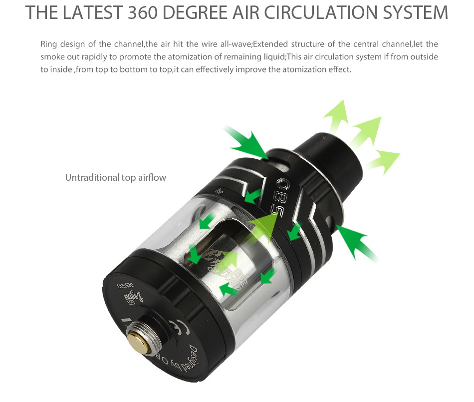 OBS Engine SUB Atomizer 5.3ml THE LATEST 360 DEGREE AIR CIRCULATION SYSTEM Ring design of the channel  the air hit the wire all wave  EXtended structure of the central channel  let the smoke out rapidly to promote the atomization of remaining liquid  This air circulation system if from outside to inside from top to bottom to top  it can effectively improve the atomization effect Untraditional top airflow