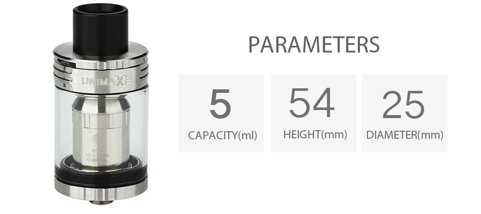Joyetech UNIMAX 2 Atomizer 5ml PARAMETERS NM  55425 CAPACITY ml  HEIGHT mm  DIAMETER mm