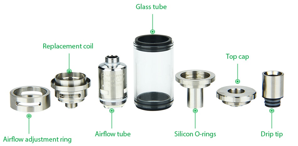 Unicig Indulgence MuTank Atomizer Kit 5ml Glass tube Replacement coi op cap Airflow tube Silicon o rings Drip tip Airflow adjustment ring