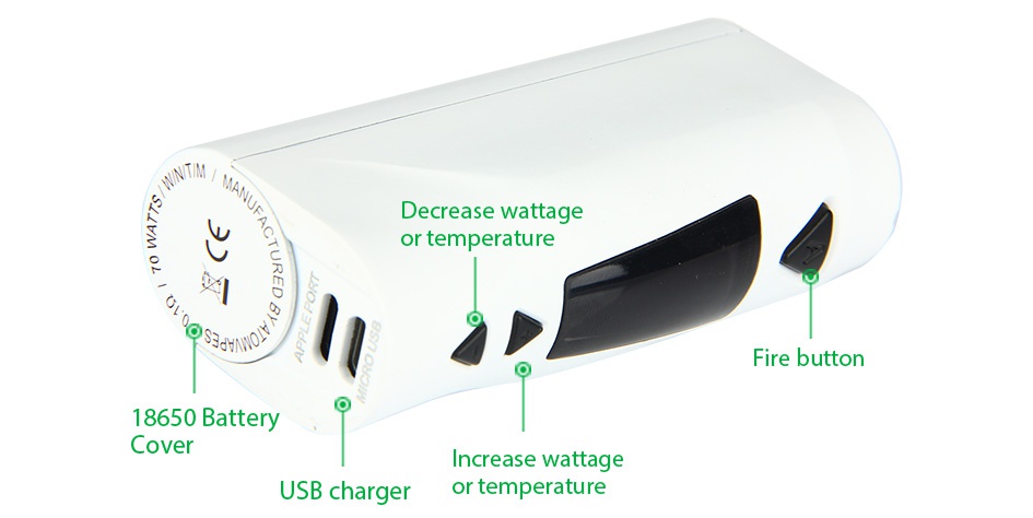 ATOM Yakuza 70W TC Kit Decrease wattage or temperature Fire butt 18650 Battery Cover Increase wattage USB charger or temperature