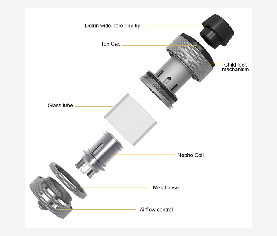 Aspire Nepho Subohm Tank 4ml Delrin wide bore drip tip Child lock mechanism Glass tube Metal base Airflow control