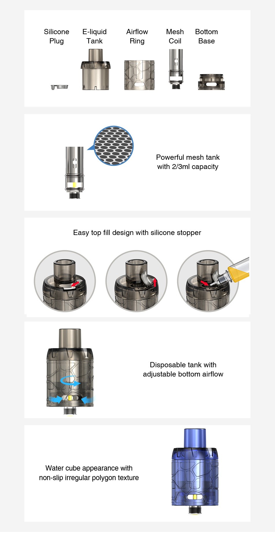 IJOY Mystique Mesh Tank 2ml/3ml 3pcs Silicone E liquid Airflow Mesh Bottom ank Ring Coi Base Powerful mesh tan with 2 3ml capacity Easy top fill design with silicone stopper Disposable tank with adiustable bottom airflow Water cube appearance with non slip irregular polygon texture