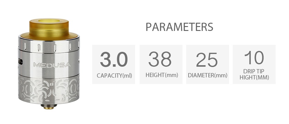 GeekVape Medusa RDTA 3ml PARAMETERS 3 0382510 DRIP TI CAPACITY mI  HEIGHT mm  DIAMETER mm  HIGHT MM