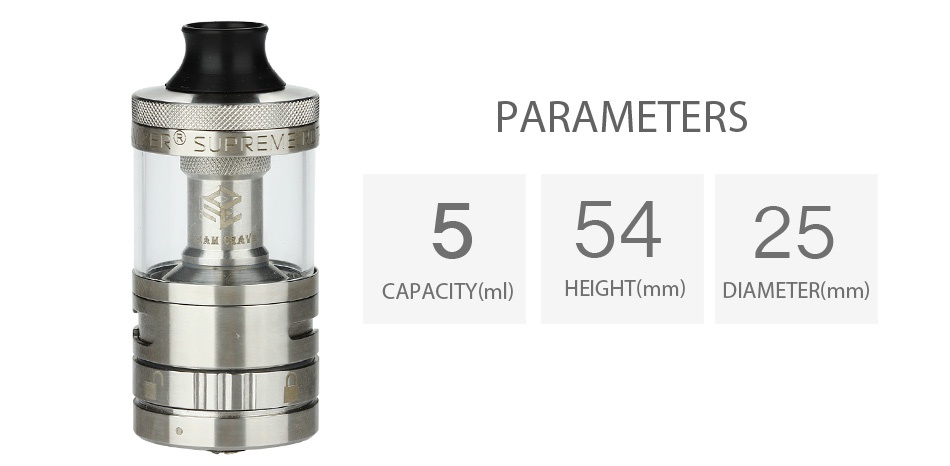 Steam Crave Aromamizer Supreme V2 RDTA 5ml PARAMETERS 55425 CAPACITY ml  HEIGHT mm  DIAMETER mm