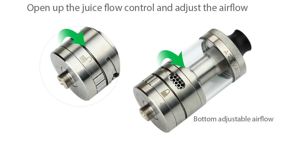 Steam Crave Aromamizer Supreme V2 RDTA 5ml Open up the juice flow control and adjust the airflow Bottom adjustable airflow