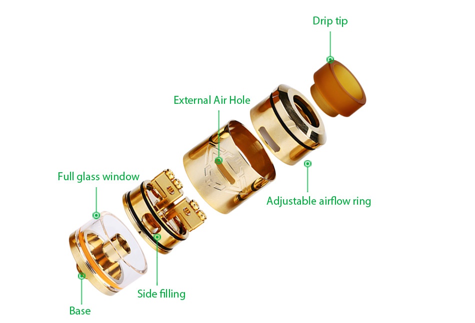 OBS Crius RDTA 4ml Drip ti p External Air hole Full glass window Adjustable airflow ring Side filling