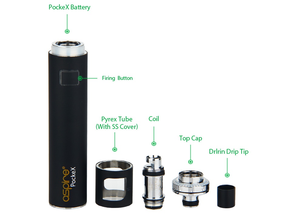 Aspire PockeX Pocket AIO Starter Kit 1500mAh PockeX Battery Firing Button Pyrex Tube coil  With SS Cover Top Ca DrIrin Drip Tip