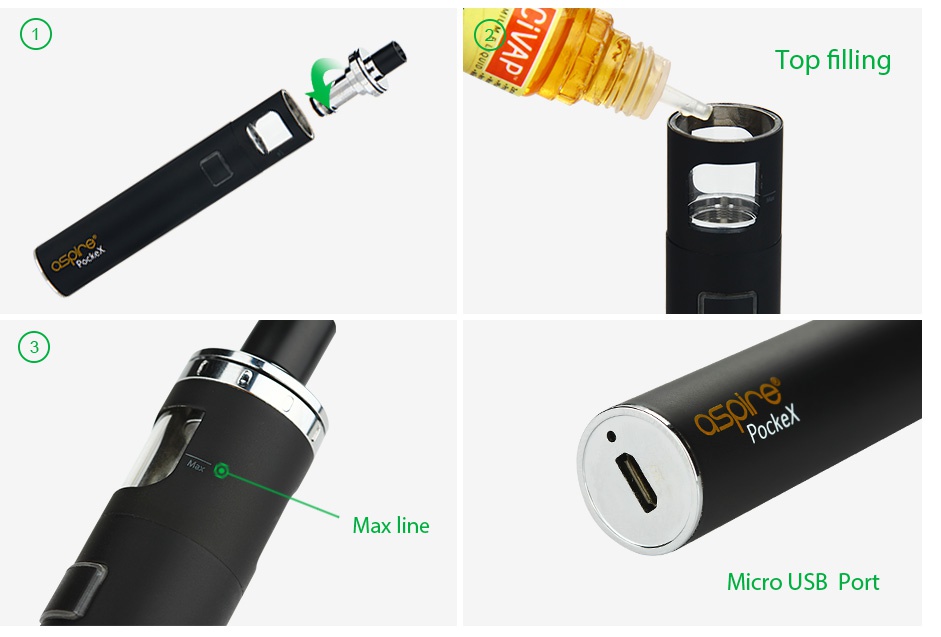 Aspire PockeX Pocket AIO Starter Kit 1500mAh Top filling Max line Micro usb port