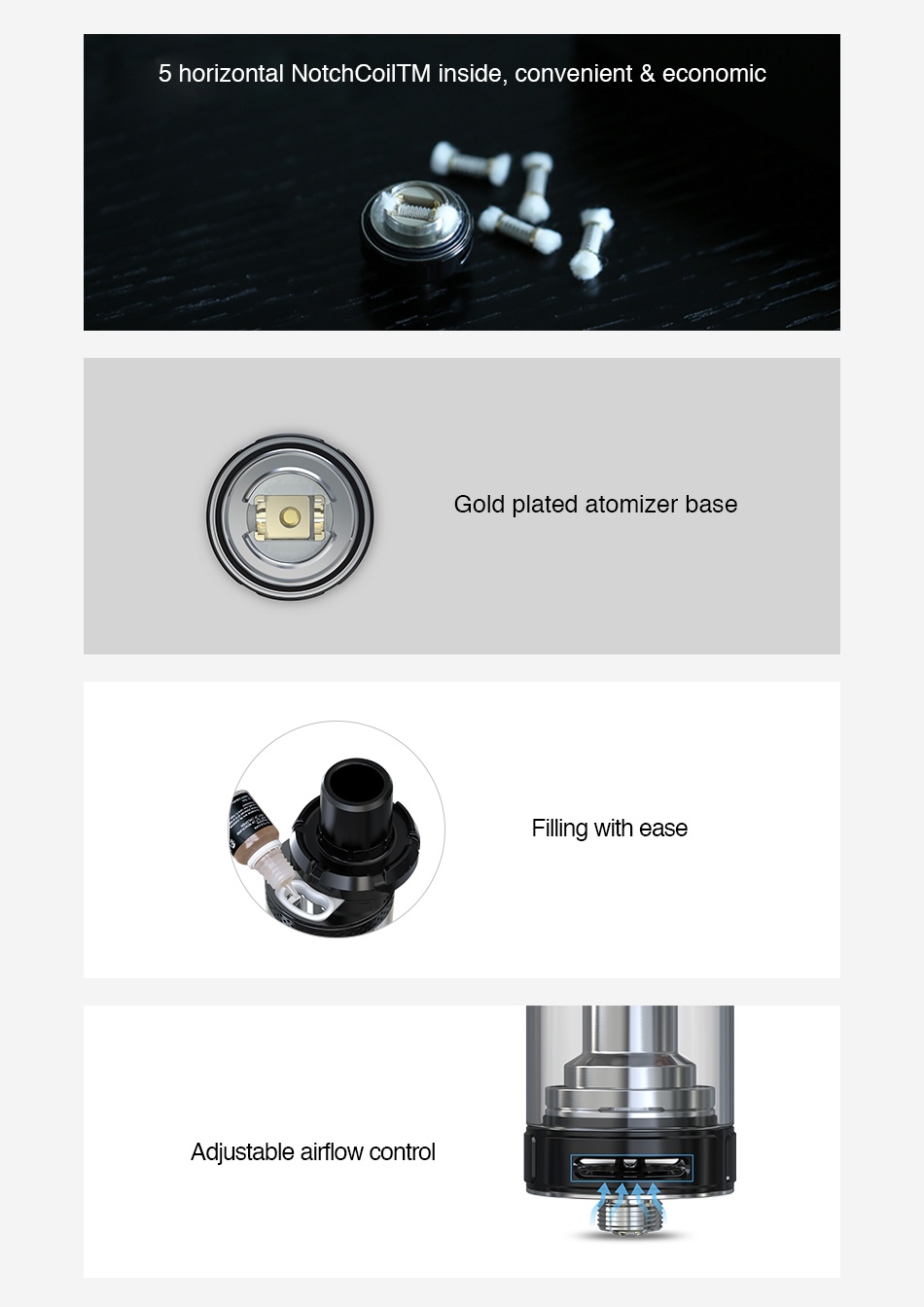 Joyetech NotchCore Atomizer 2.5ml 5 horizontal notch coiltm inside convenient economic Gold plated atomizer base ing with ease Adjustable airflow control