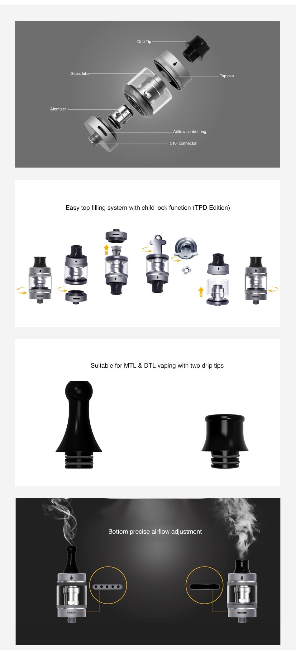 Aspire Tigon Subohm Tank 2ml/3.5ml Drip Tip Airflow control ring 510 connector Easy top filling system with child lock function TPD Edition  Suitable for mtL dtL vaping with two drip tips Bottom precise airflow adjustmet