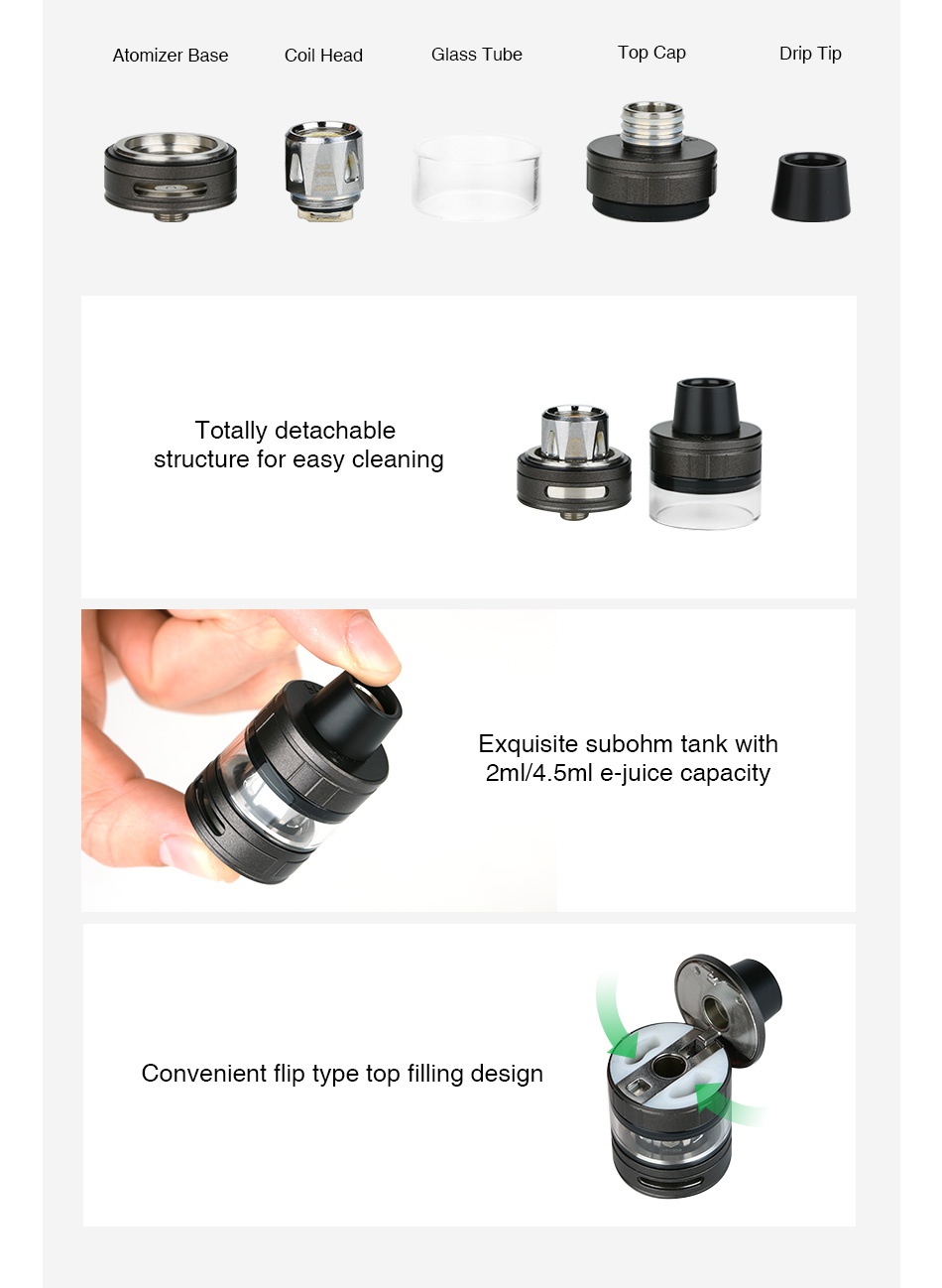 Joyetech ProCore X Atomizer 2ml Coil head Glass Tube op cap Drip I ip Totally detachable structure for easy cleaning Exquisite subohm tank with 2ml 4 5ml e juice capacity Convenient flip type top filling design