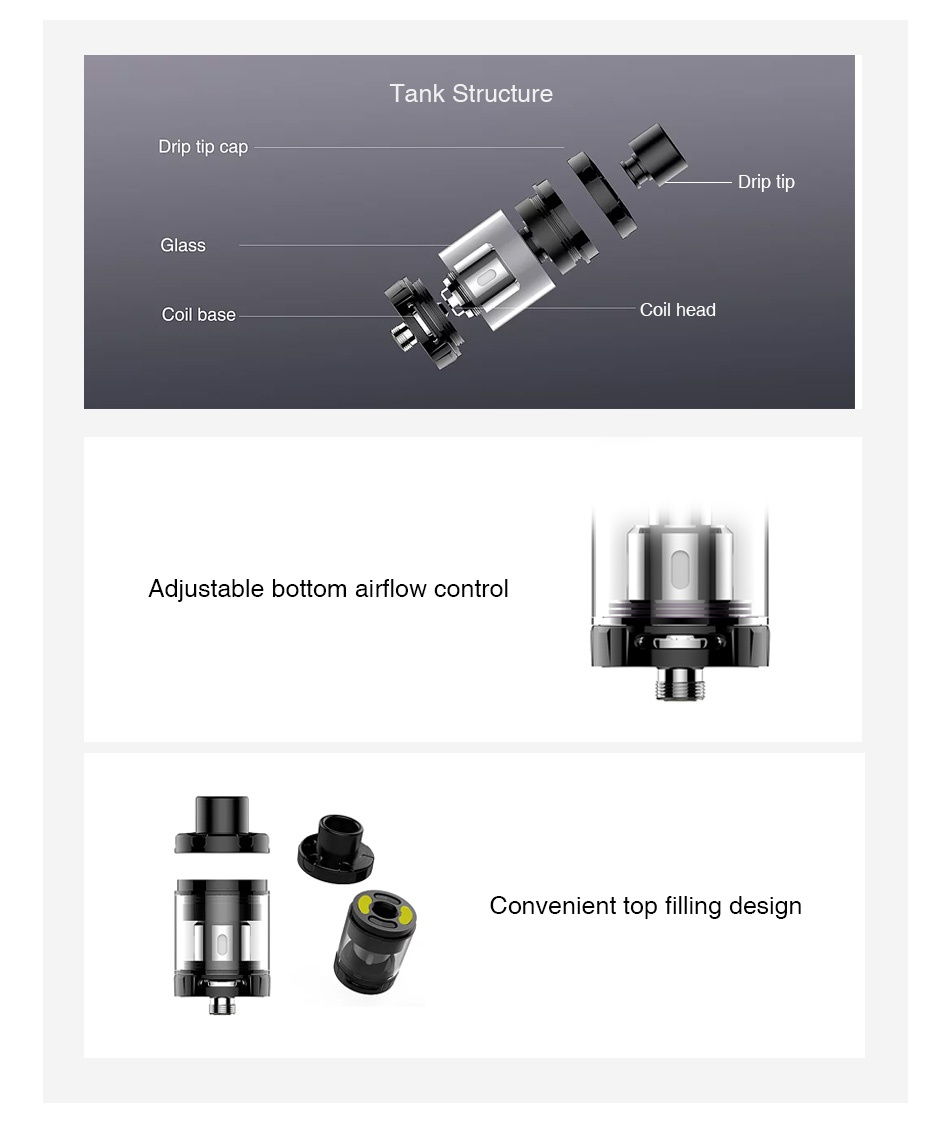 Kangertech VOLA Subohm Tank 2ml/4ml Tank structure Drip tip Drip tip Glass Coil base Coil head Adjustable bottom airflow control Convenient top filling design