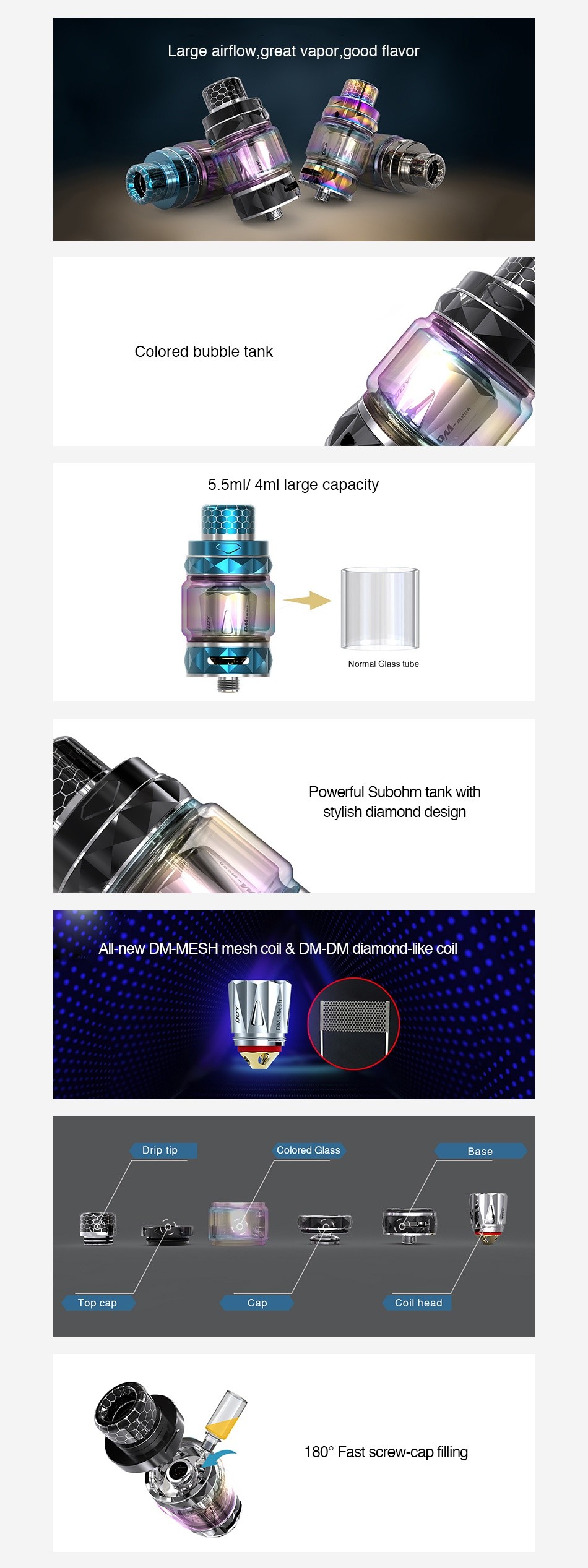 IJOY Diamond Subohm Tank 5.5ml Large airflow  great vapor  good flavor Colored bubble tank 5  5m  4m large capacit Normal glass tube Powerful subohm tank with stylish diamond design All new DM MESH mesh coil dm dm diamond like coil   Drip tip oil head 180 Fast screw cap filling