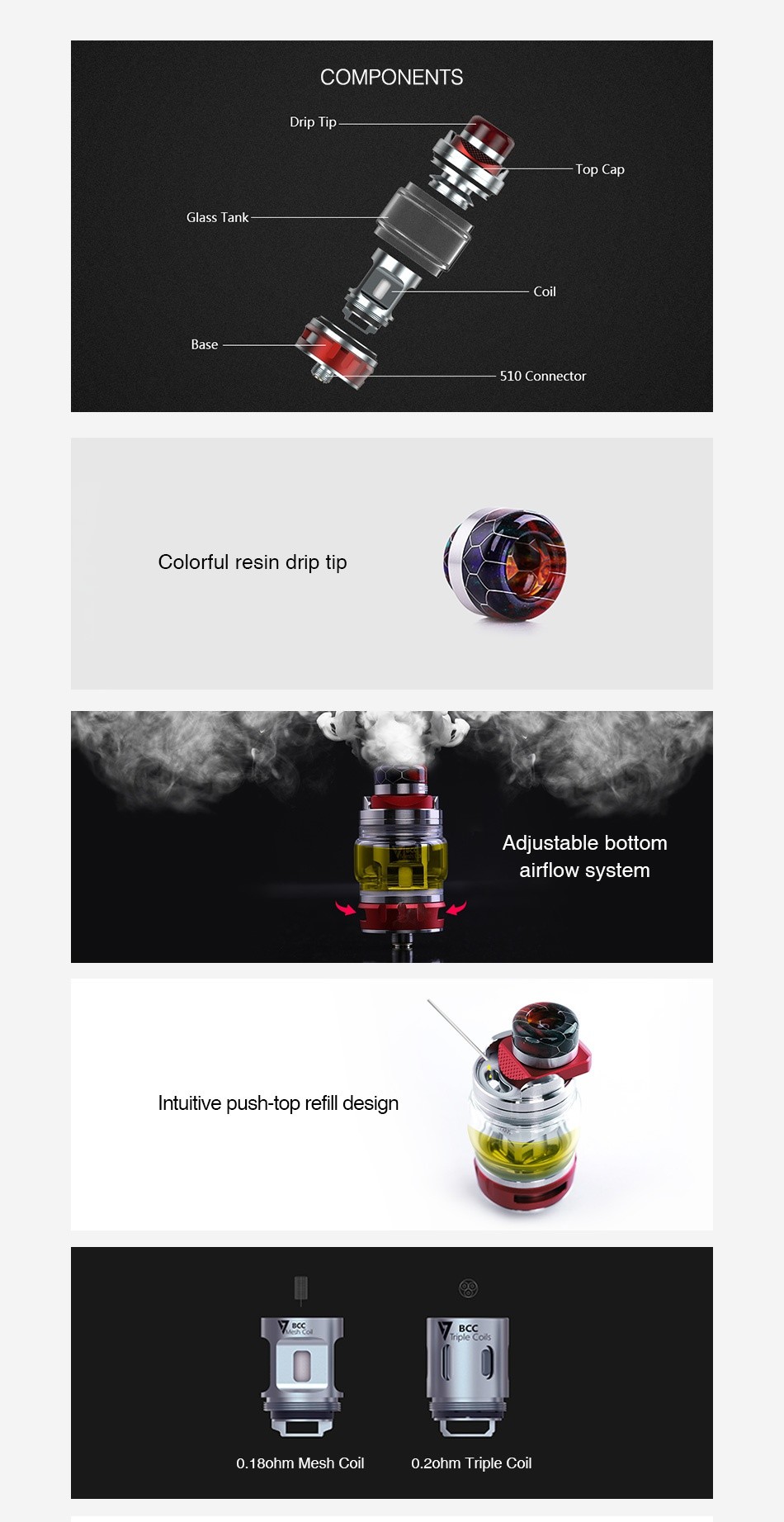 Desire Bulldog Subohm Tank 4.3ml COMPONENTS Ip Ip  Glass Tank Coil 510 Connector Colorful resin drip tip Adjustable bottom airflow system Intuitive push top refill design 0 18ohm Mesh co 0  ohm I riple Coll