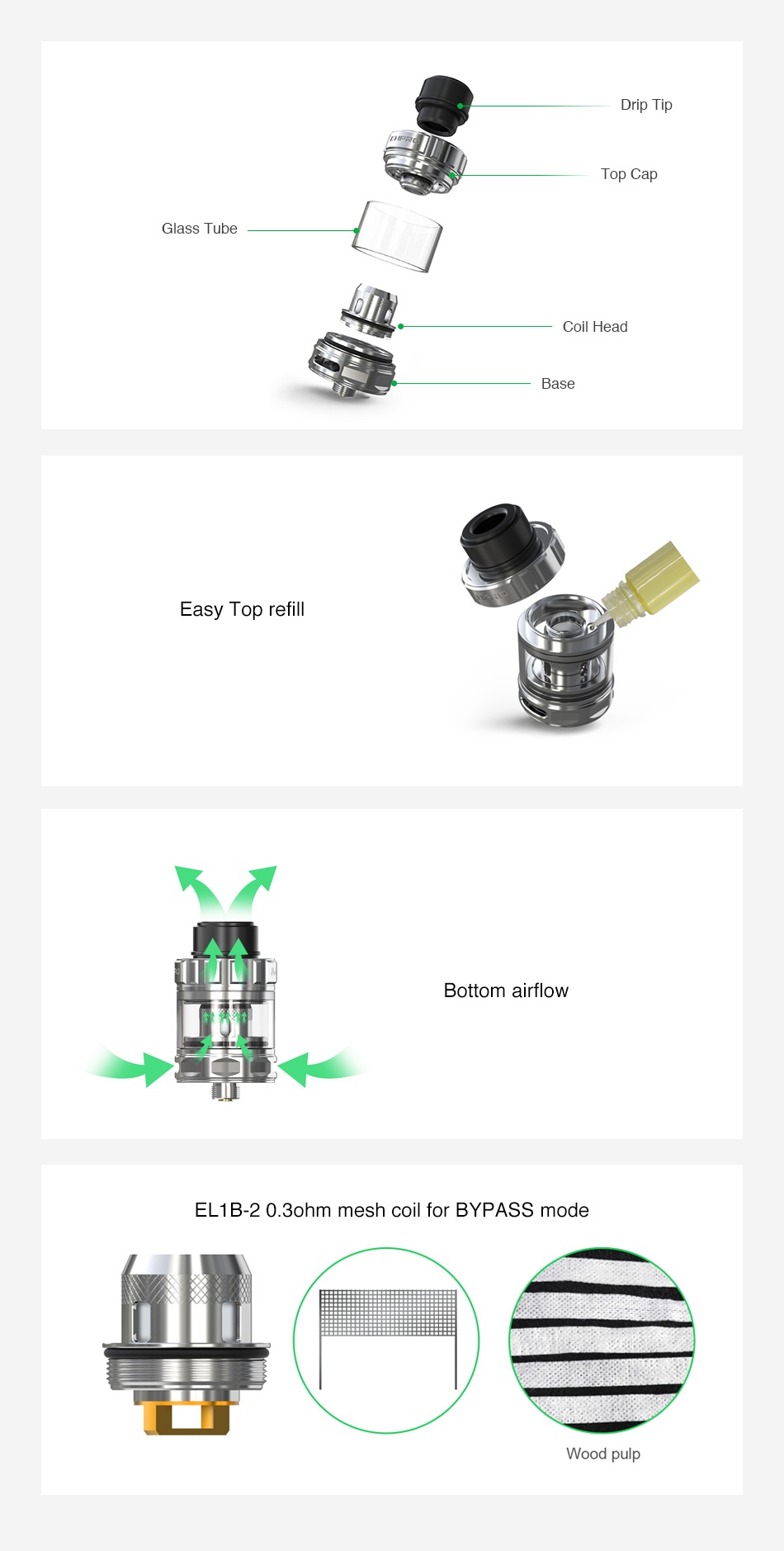 [With Warnings] Ehpro M 101 Subohm Tank 2ml Drip Tip Top Ci Glass Tube Coil Head Base Easy Top refill Ni Bottom airflow EL1B 20 3ohm mesh coil for bypass mode   Wood pulp
