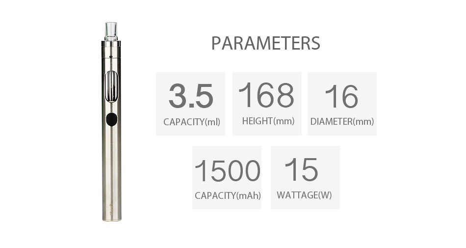 Eleaf iCare 160 Starter Kit 1500mAh PARAMETERS 3 516816 CAPACITY ml  HEIGHT mm  DIAMETER mm  150015 CAPACITY mAh  WATTAGE W