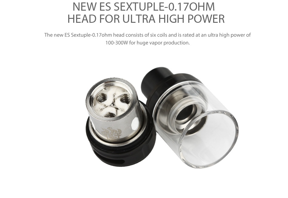Eleaf iStick QC 200W with Melo 300 Kit 5000mAh NEW ES SEXTUPLE O  17OHM HEAD FOR ULTRA HIGH POWER he new ES Sextuple 0 1 ohm head consists of six coils and is rated at an ultra high power of 100 300W for huge vapor production