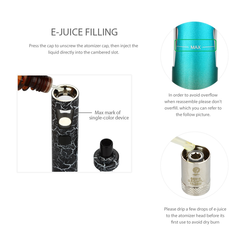 Joyetech eGo AIO Kit New Color Version 1500mAh E JUICE FILLING Press the ca the atomizer cap  t MAX uid directly into the cambered slot when reassemble please don  t Max mark of e follow pictu single color device fe Juice o the atomizer head before its first use to avoid dry br