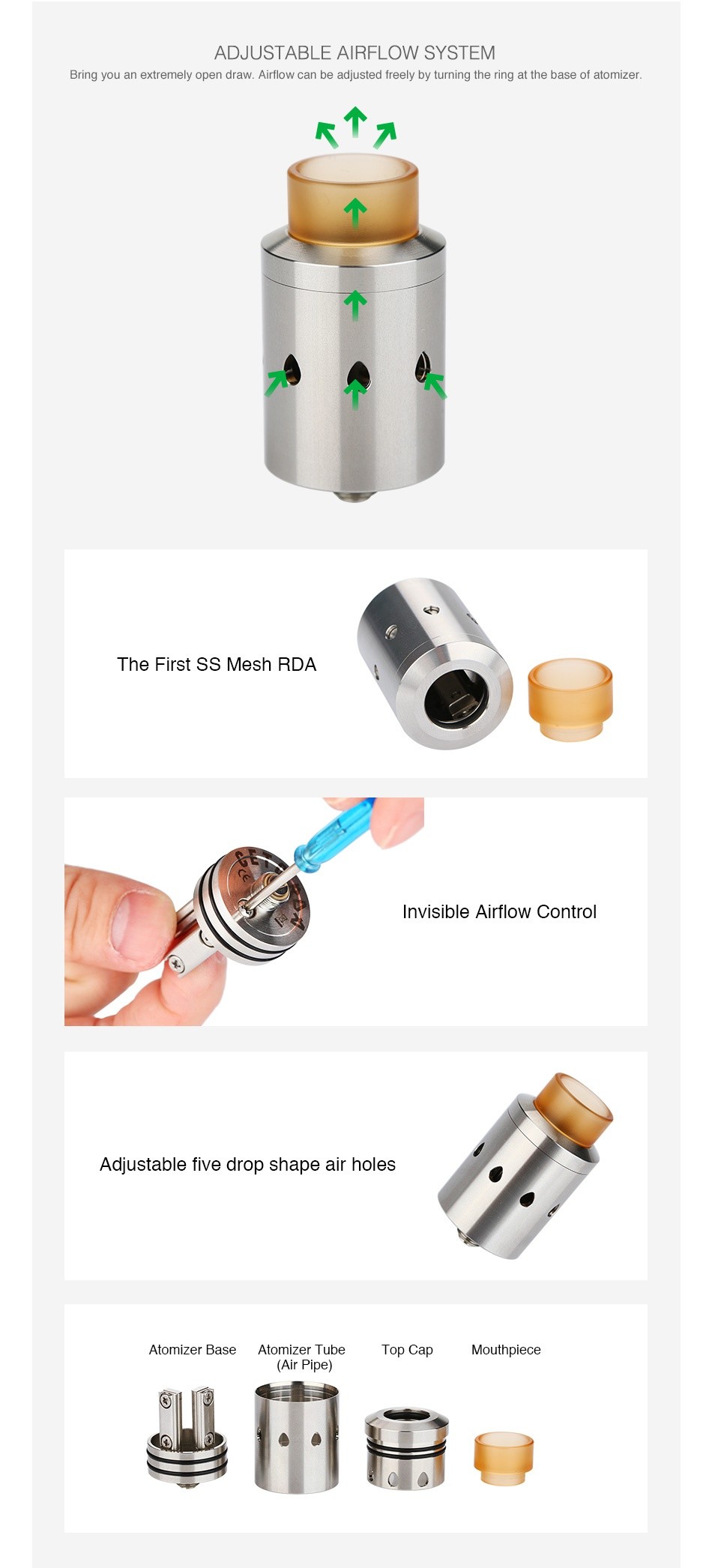 Cthulhu CETO Mesh RDA ADJUSTABLE AIRFLOW SYSTEM Bring you an extremely open draw  Airflow can be adjusted freely by turning the ring at the base of atomizer    The first ss mesh rda Invisible airflow contro Adjustable five drop shape air holes Atomizer Base Atomizer Tube Top Cap Mouthpiece  Air Pipe