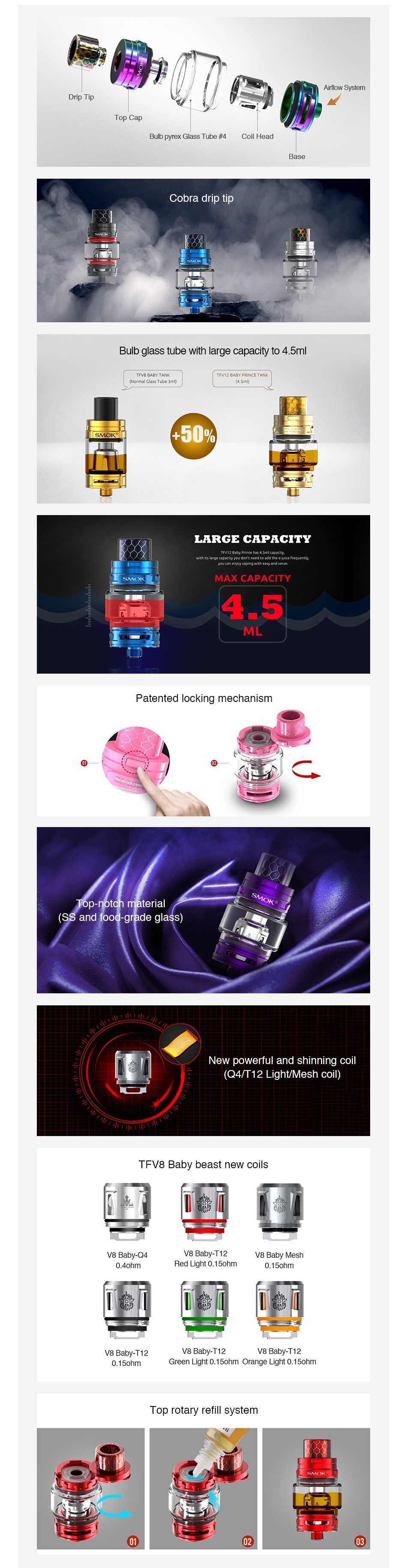 SMOK TFV12 Baby Prince Tank 4.5ml/2ml   e Arrow  Sstem ap can b pyrex Glass Tute  1 Cui I lead Rae Bulb glass tube with large capacity to 4  5ml LARGE CHPACIT d locking mechanism  SS and food grade glass TFV8 Baby va Baby C4     Wa Baby T12 ge Light 0  sohm