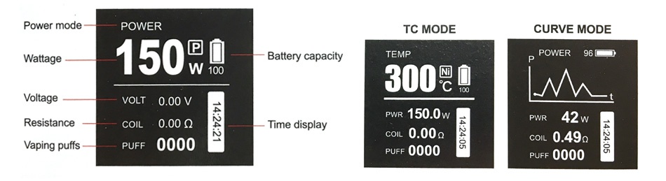 GTRS GT150 150W TC Kit 4000mAh Power mode POWER TC MODE CURVE MODE 150  Battery capacity TEMP 300mM Voltage VOLT 0 00 V PWR 150 0w COIL 0 00QN Time display 42 coL0 49 2 Vaping puffs FF0000 PUFF 0000 PUFF 0000