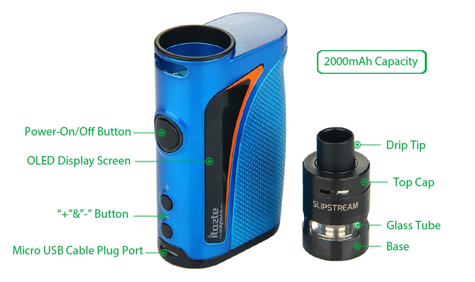 Innokin iTaste Kroma Vape System Kit 2000mAh 2000mAh Capacity Power On off Button Drip tip OLED Display screen op cap LIPSTREAM    Button Glass Tube Micro usB cable plug port Base