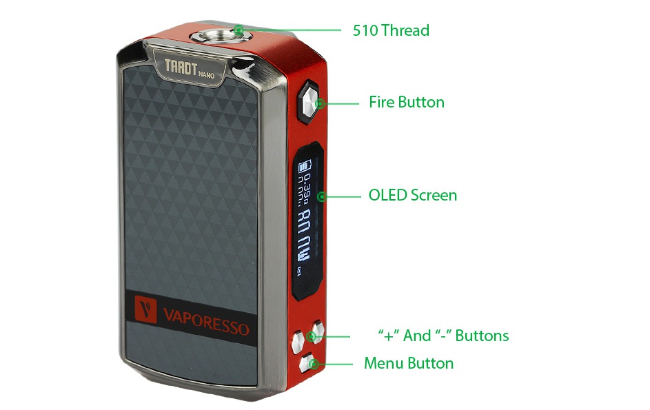 Vaporesso Tarot Nano 80W TC Kit 2500mAh 510 Thread TAROT NANO Fire button OLED Screen NAPORESSO And     buttons Menu button