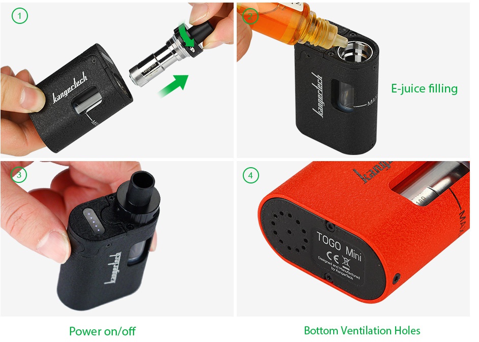 Kangertech TOGO Mini Starter Kit 1600mAh  Juice nIlIng Power on off Bottom ventilation holes