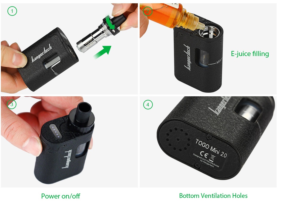 Kangertech TOGO Mini 2.0 Starter Kit 1600mAh E juice filling Power on off Bottom entilation holes