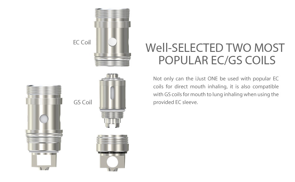 Eleaf iJust ONE Starter Kit 1100mAh Well SELECTED TWO MOST POPULAR EC GS COILS Not only can the iJust one be used with popular EC coils for direct mouth inhaling  it is also compatible with GS coils for mouth to lung inhaling when using the GS Coil provided eC sleeve