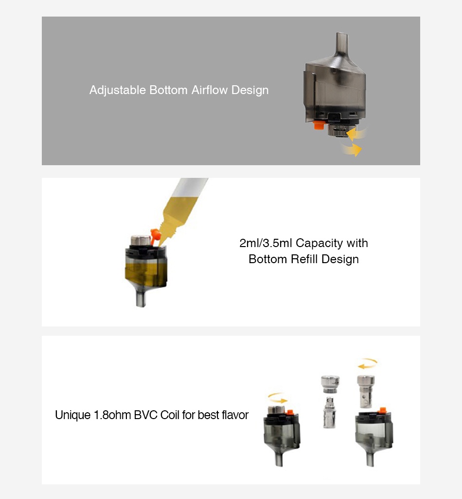 Aspire Spryte Pod 2ml/3.5ml Adiustable Bottom Airflow Desian 2m  3 5ml Capacity with Bottom Refill design Unique 1 8ohm bvc coil for best flavor