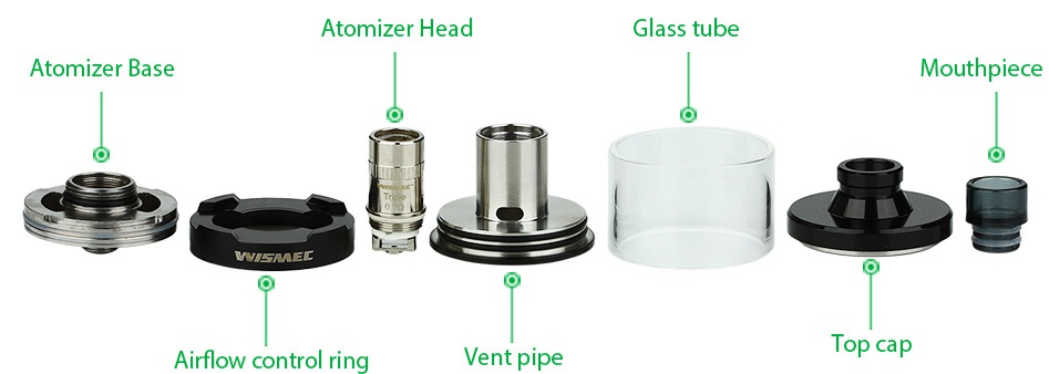 WISMEC Vicino D30 Atomizer 6ml Atomizer head Glass tube Atomizer base Mouthpiece WVISMEL T Airflow control ring Vent pipe op cap