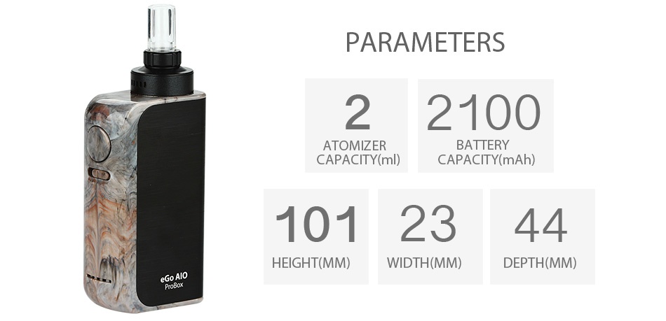 Joyetech eGo AIO ProBox Kit 2100mAh PARAMETERS 22100 ATOMIZER BATTERY CAPACITY mD CAPACITY mAh  1012344 HEIGHT MM  WIDTH MM  DEPTH MM