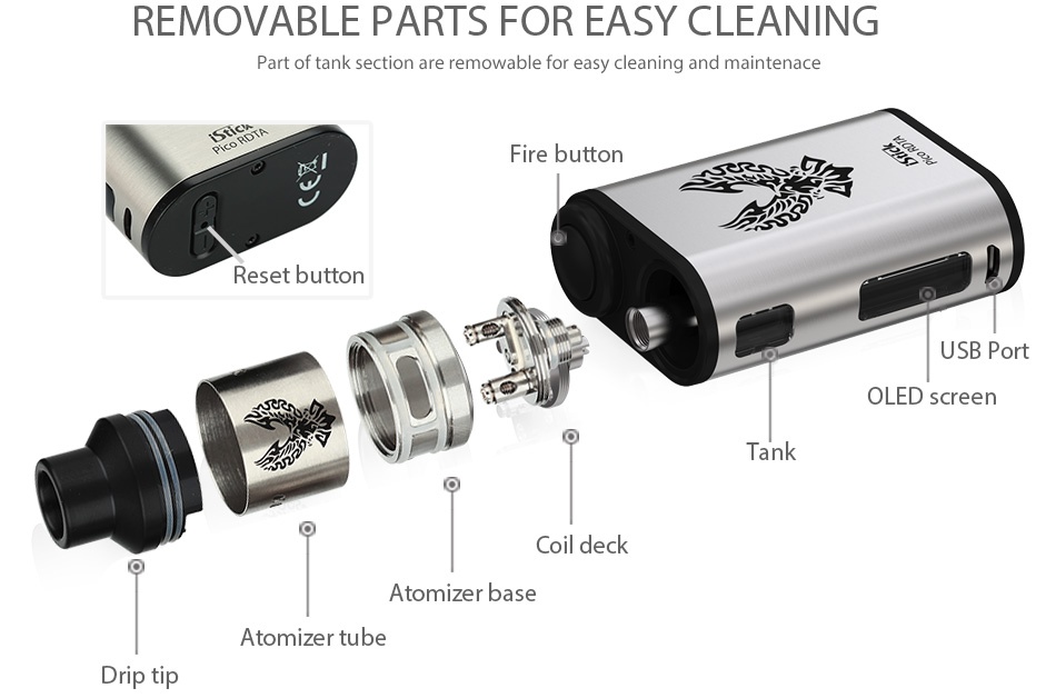 Eleaf iStick Pico RDTA 75W TC Kit 2300mAh REMOVABLE PARTS FOR EASY CLEANING Part of tank section are removable for easy cleaning and maintenace Fire button Reset button USB Port OLED screen Coil deck Atomizer base Atomizer tu be Drip tip